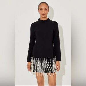 NWT ODD MUSE Black Long-Sleeve Mini Dress with Pearl Fringe